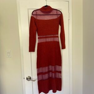 Cult Gaia Red Long Sleeve Dress with Sheer Panels Bank Knit